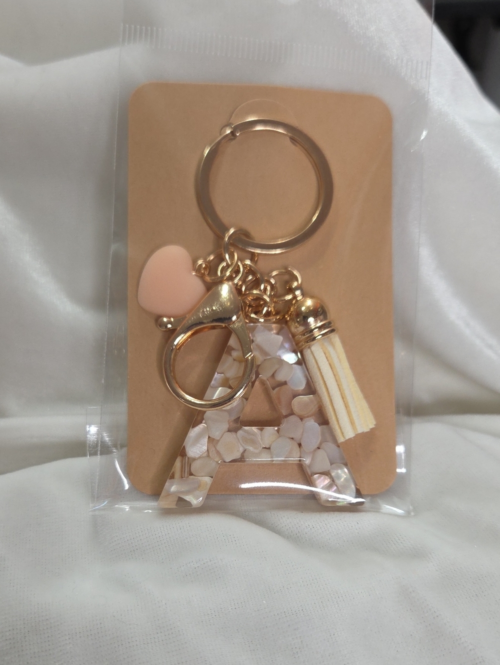 Initial Letter "A" Cream Gold Resin Keychain Purse Charm Handbag Charm Heart